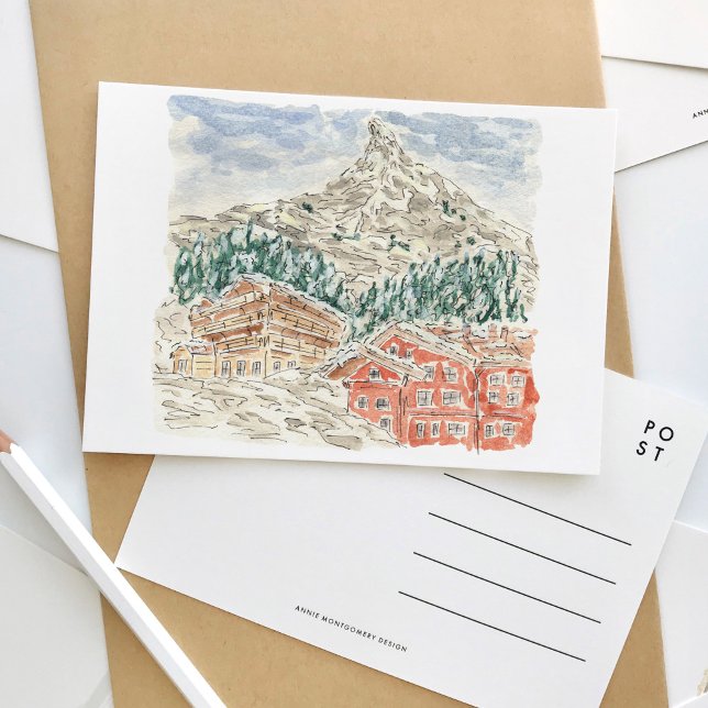 Convite Cartão postal para a Cortina de Água dos Alpes Suí (The Matterhorn Swiss Alps watercolor travel postcard.)