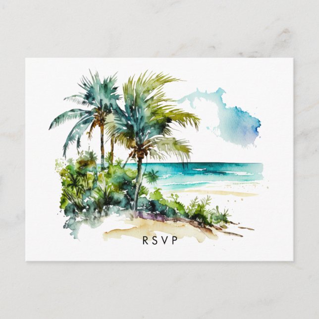 Convite cartão postal rsvp de casamento da praia tropical  (Frente)