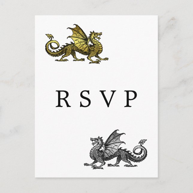 Convite Cartão postal RSVP de Casamento de Dragão Silver D (Frente)