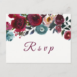 Convite Cartão postal RSVP de Casamento Floral de Red Wine