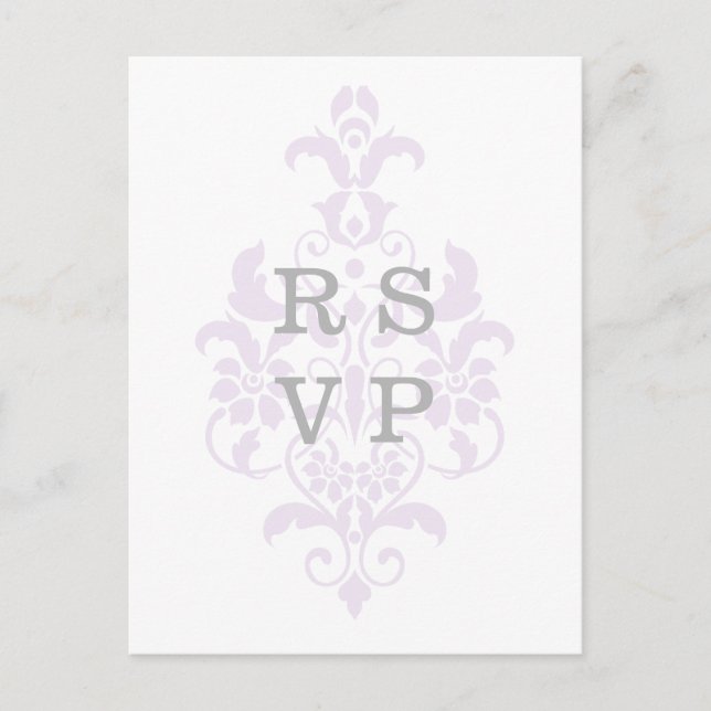 Convite Cartão postal RSVP de Casamento tema damasco Roxo (Frente)