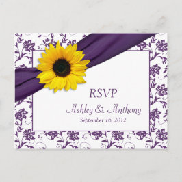 Convite Cartão postal RSVP de Casamento tema damasco Roxo