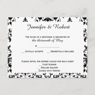Convite Cartão postal RSVP de Damasco Preto e Branco
