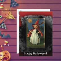 Cartão-postal Vintage Young Halloween Witeen & Cat