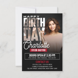 Convite Cartaz de Aniversário Preto Elegante com Foto
