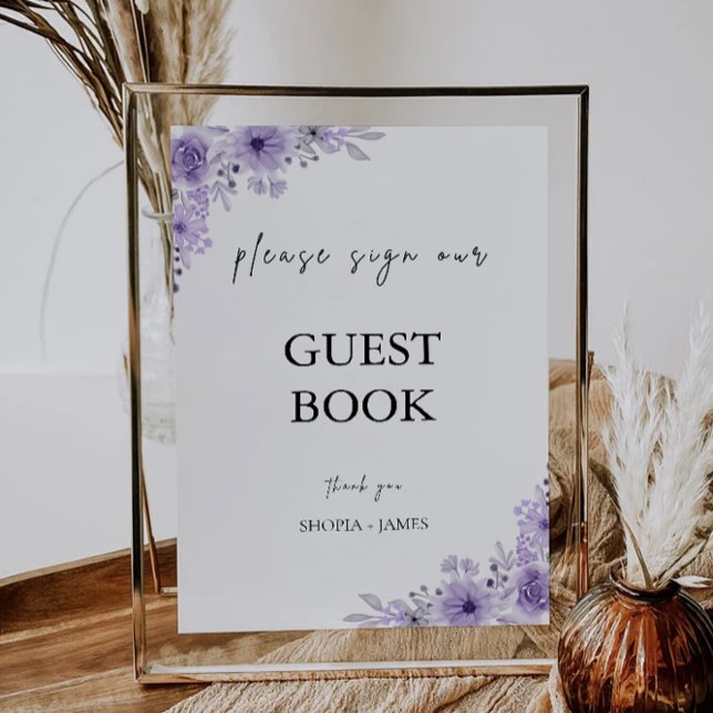 Convite Cartaz de Convidado de Casamento Roxo Modelo (Purple Wedding Guest Book Sign Template)