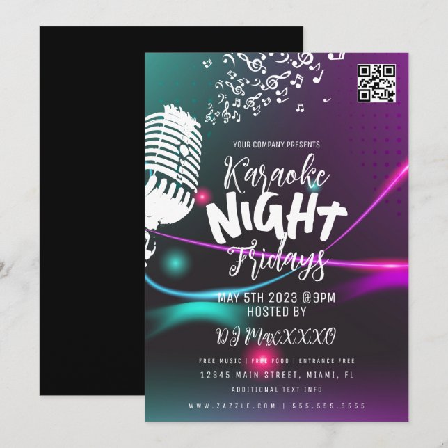 Convite Cartaz de Evento de Noite de Karaokê em Bar e Club (Frente/Verso)
