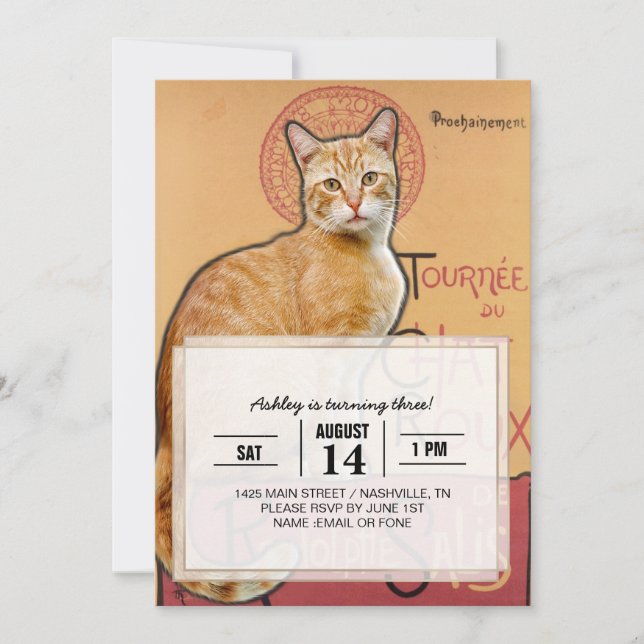 Convite    Cartaz Francês Antigo Estilo Gato Laranja       (Frente)