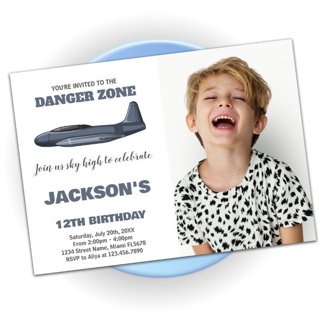 Convite Cartaz Jet Birthday - Cinza com foto (Fighter Jet Birthday Invitations Gray with photo)