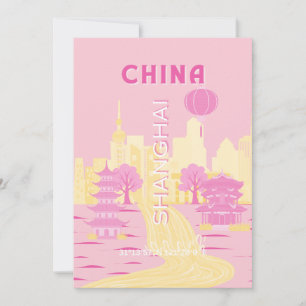 Convite Cartaz Rosa de Viagens pela China em Xangai