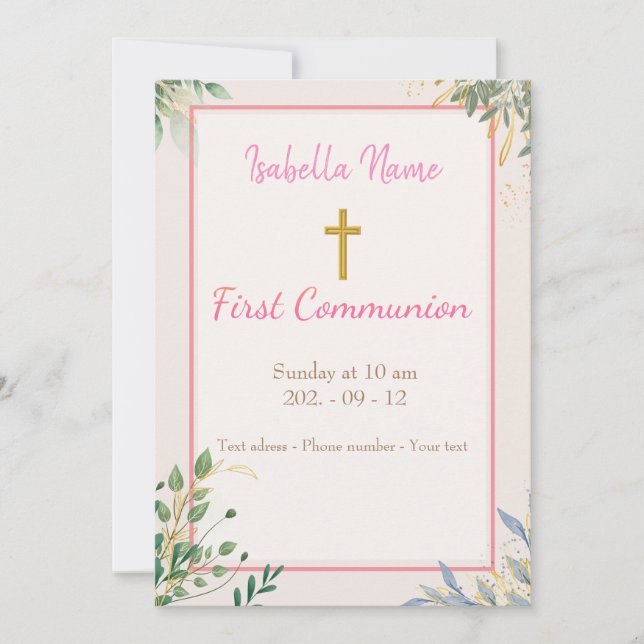 Convite Carte fleurie Croix dorée sobre (Frente)