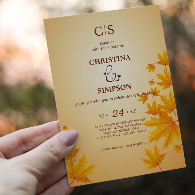 Convite Carteiro de outono Clássico Amarelo deixa casament (Yellow Classic autumn maple leaves wedding Invitation)