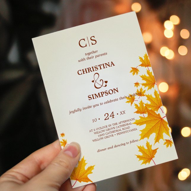 Convite Carteiro de outono Clássico Amarelo deixa casament (Yellow Classic autumn maple leaves wedding Invitation)