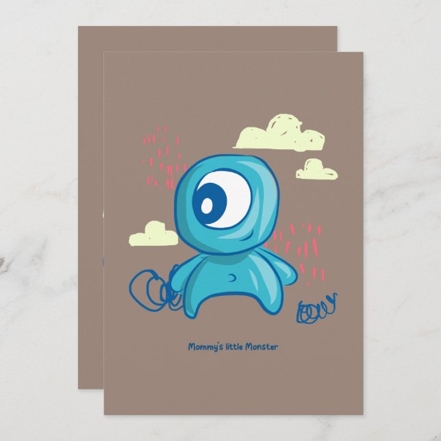 Convite Cartoon Character Hand Drawn Blue Monster Art (Frente/Verso)