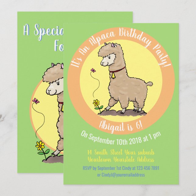 Convite Cartoon de alpaca (Frente/Verso)