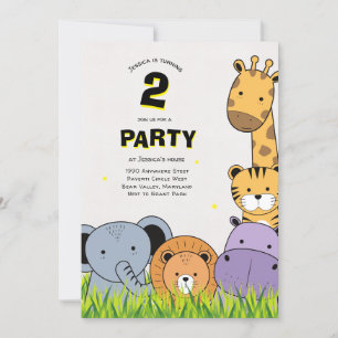 Convite Cartoon de animais Safari do segundo aniversário