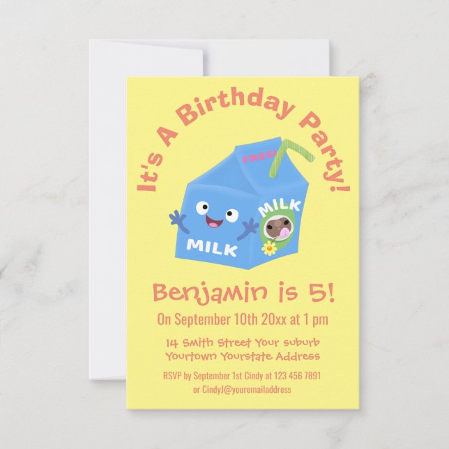 Convite Cartoon de cartonagem de leite feliz e bonito (Frente)