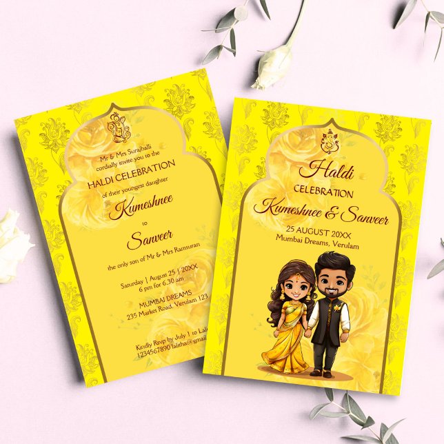 Convite Cartoon de casal de noiva indiana Haldi Sanget (Haldi Mehndi Sanget Indian wedding cute Indian bridal couple cartoon Invitation template digital)
