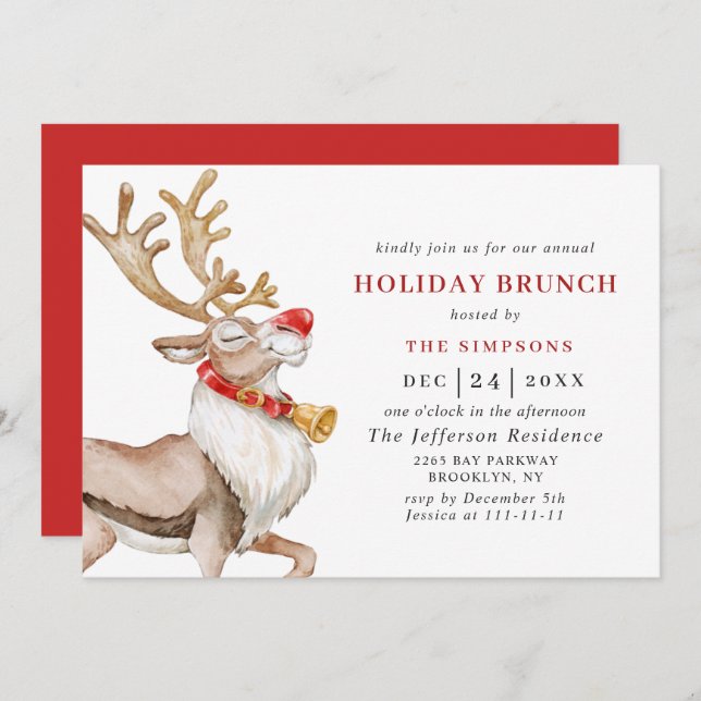 Convite Cartoon de Natal bonito Reindeer HOLIDAY BRUNCH (Frente/Verso)