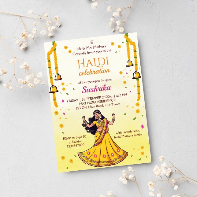 Convite Cartoon de noiva Haldi pithi (Haldi Indian wedding template invitation digital download dancing Indian bride cartoon marigolds)