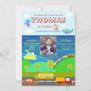 Convite Cartoon de Transporte Personalizar RSVP de Anivers