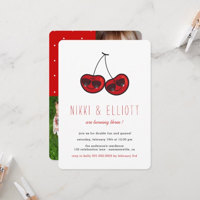 Convite Cartoon Legal Party Cherries Twins Foto de Anivers (Frente/Verso In Situ)