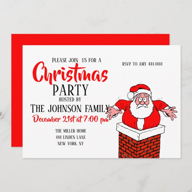 Convite Cartoon Papai Noel ficou preso na chaminé (Frente/Verso)