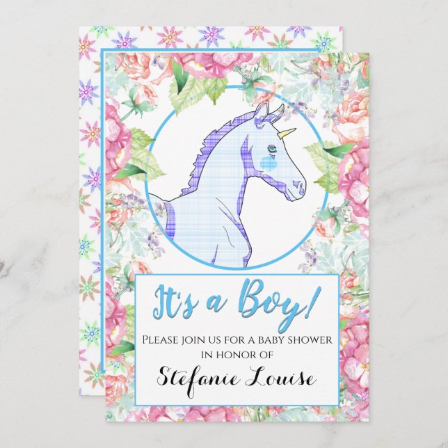 Convite Cartoon Pink Tarta do Unicórnio É um Rapaz! (Frente/Verso)