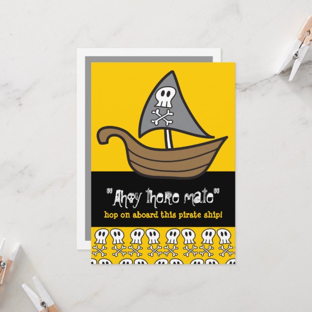 Convite Cartoon Pirate Skulls & Bones Kid's Festa de anive (Frente/Verso In Situ)