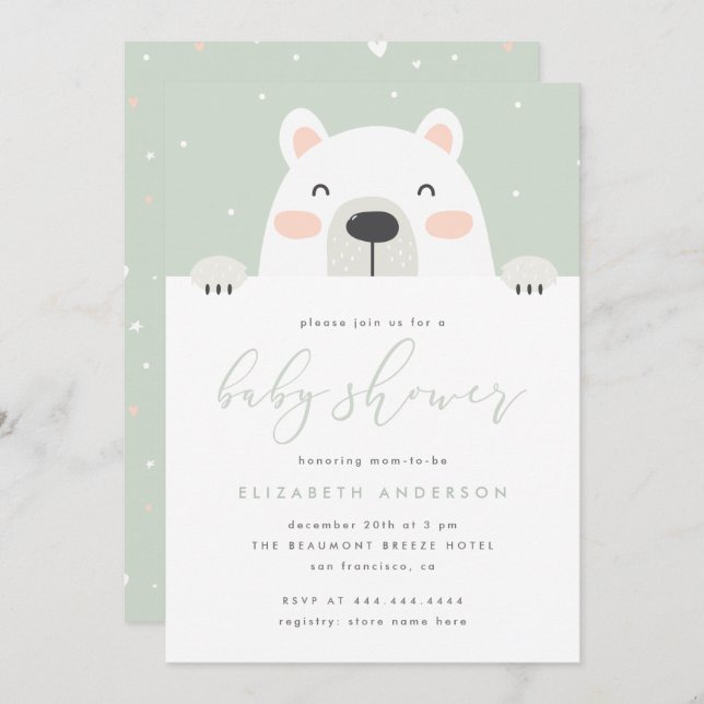 Convite Cartoon Polar Bear Cartoon Chá de fraldas de inver (Frente/Verso)