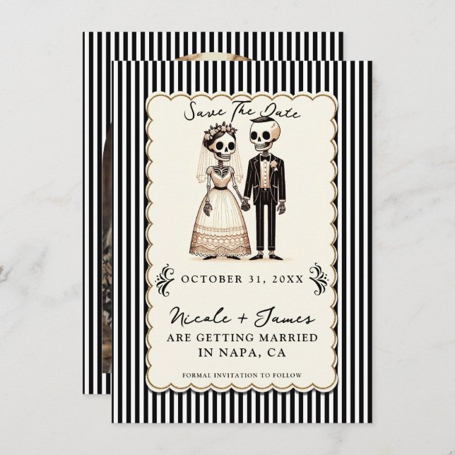 Convite Cartoon Skeleton Bride + Groom Salvar a Data (Frente/Verso)