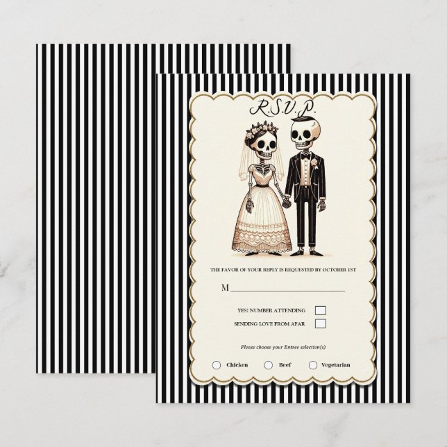 Convite Cartoon Skeleton Bride + RSVP de Casamento de Groo (Frente/Verso)
