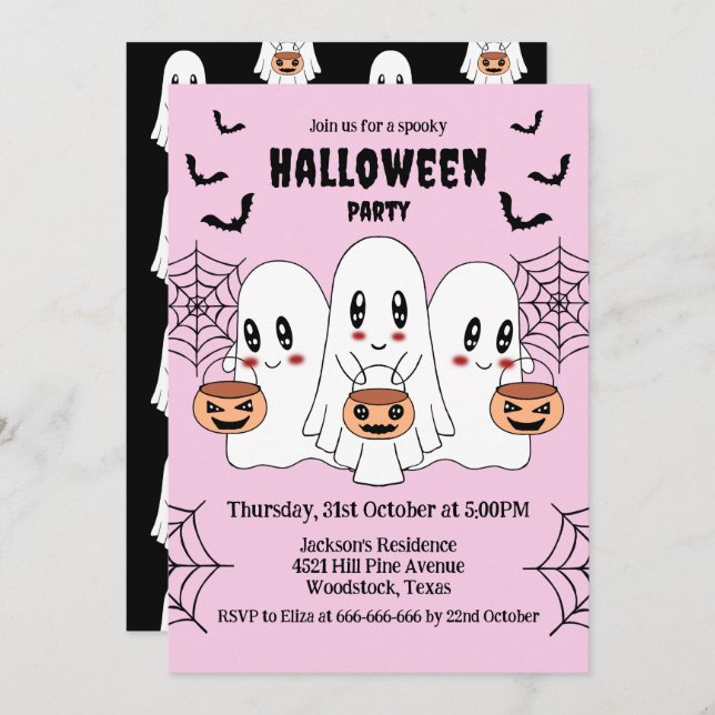 Convite Cartoon Spooky Cute Kawaii Festa de Halloween Fant (Frente/Verso)