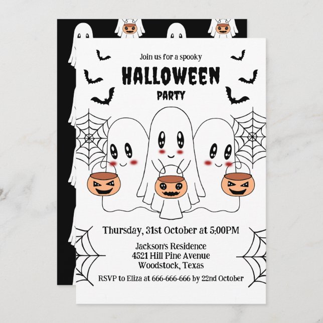 Convite Cartoon Spooky Cute Kawaii Festa de Halloween Fant (Frente/Verso)