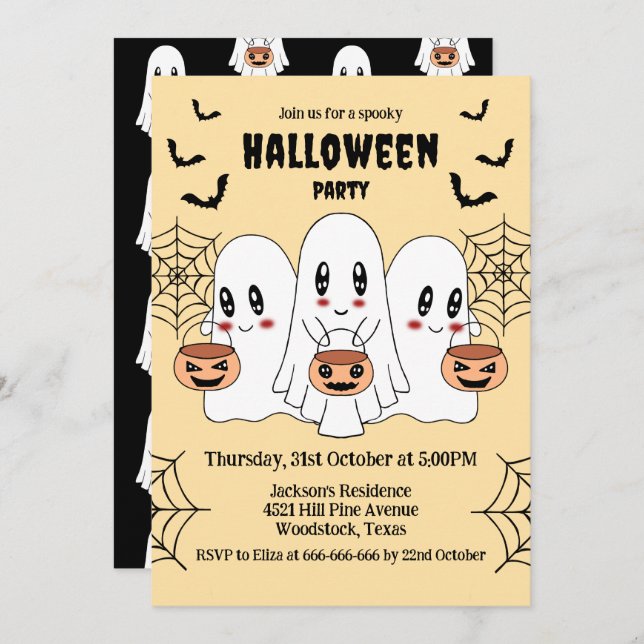 Convite Cartoon Spooky Cute Kawaii Festa de Halloween Fant (Frente/Verso)