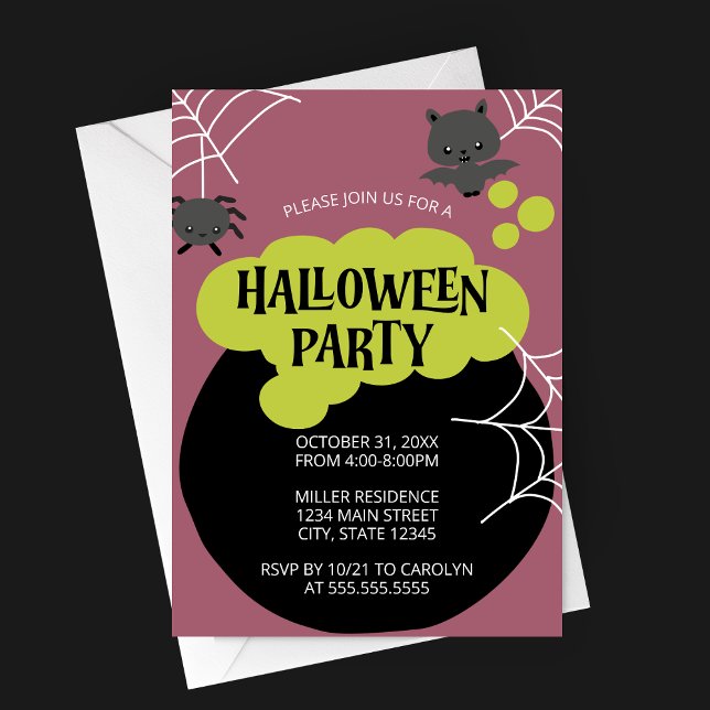 Convite Cartoon Witch's Cauldron Kid's Halloween Party (Retro Witch's Cauldron Halloween Party Invitation with Cartoon Characters on Purple Background)
