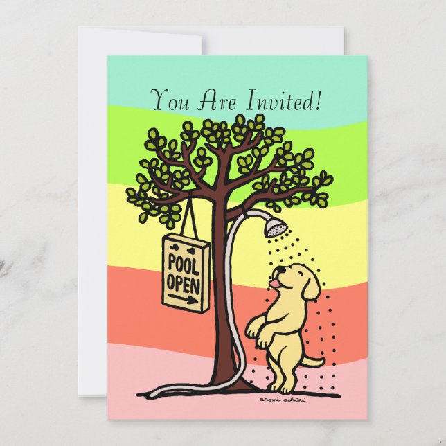 Convite Cartum de Labrador Amarelo de Diversão em Piscina (Frente)