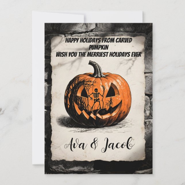 Convite Carved Pumpkin Holiday Card Thanksgiving Halloween (Frente)