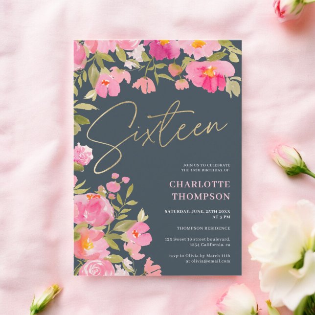 Convite Carvões Vermelhos Rosa Pintados Românticos Doces 1 (Romantic Painted Pink Floral charcoal Sweet 16 Invitation)