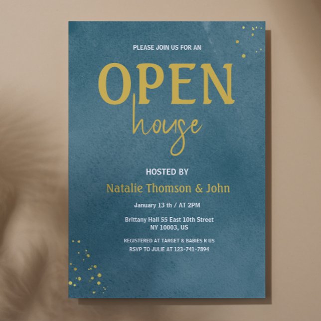 Convite Casa Aberta Azul Marinho com Purpurina Dourada (open House Navy Blue Sprinkle Gold Invitation )