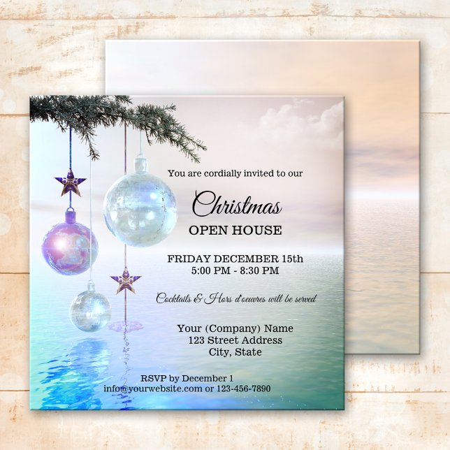 Convite Casa Aberta da Festa de Natal Encantada e Magia (Modern Christmas Holiday party invitation featuring festive sparkling Christmas baubles on an ocean)