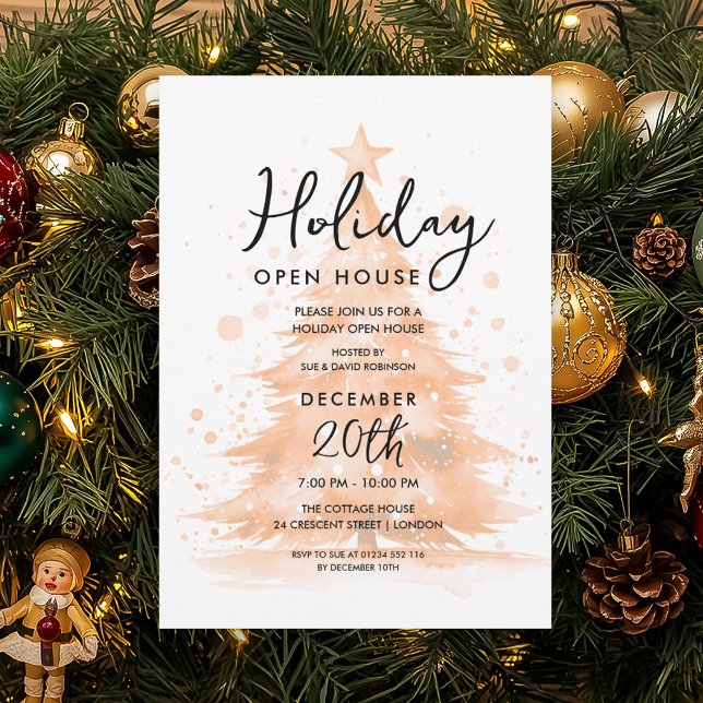 Convite Casa Aberta de Férias Árvore Pintada à Mão em Dour (Holiday Open House Rose Gold Hand Painted Tree Invitation)