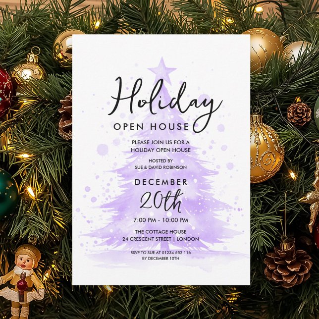 Convite Casa Aberta de Férias Árvore Pintada à Mão Roxa (Holiday Open House Purple Hand Painted Tree Invitation)