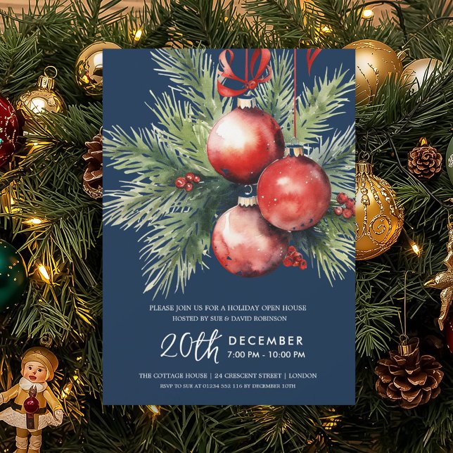 Convite Casa Aberta de Férias Bolas Pintadas à Mão Azul Na (Holiday Open House Hand Painted Baubles Navy Blue Invitation)