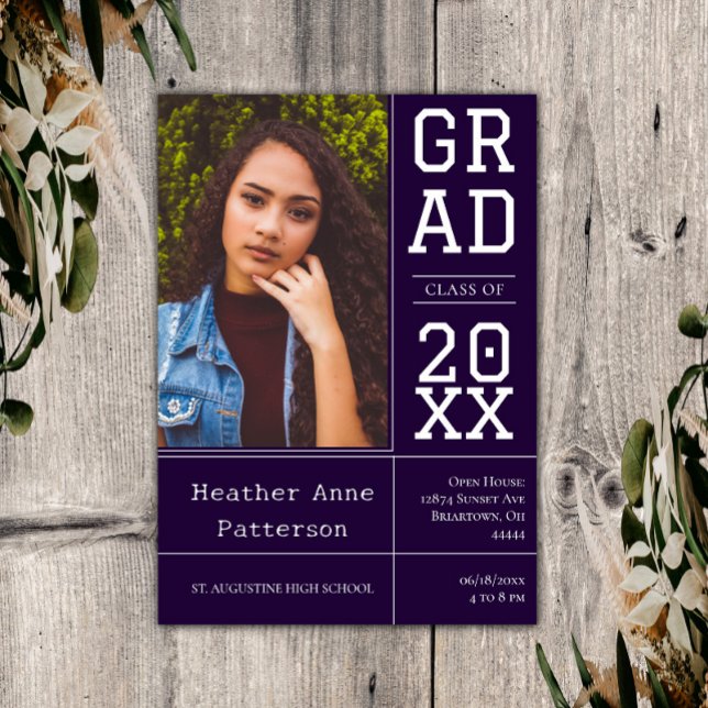 Convite Casa Aberta de Graduação de Fotos | Roxo (Purple Photo Graduation Open House Invitation)