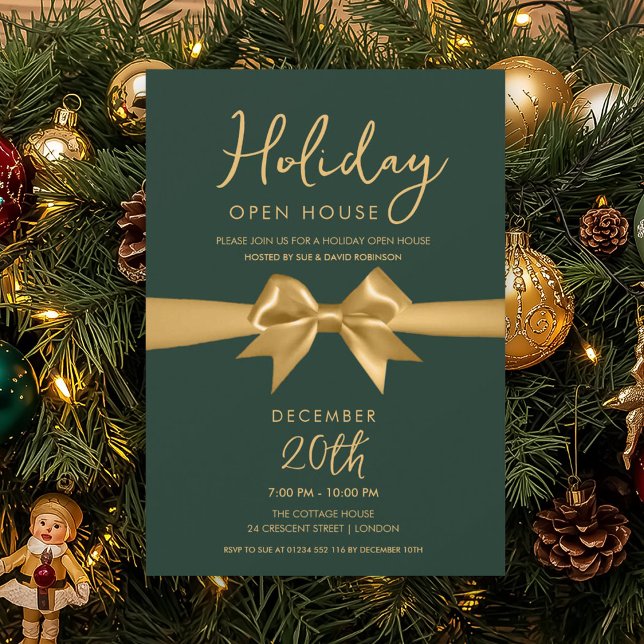 Convite Casa Aberta de Natal Arco Dourado Verde  (Christmas Holiday Open House Gold Bow Green Invitation)