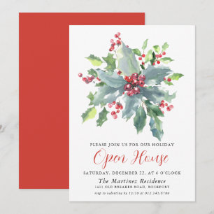Convite Casa aberta de Natal Clássica Holly Berry Greenery