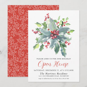 Convite Casa aberta de Natal Clássica Holly Berry Greenery