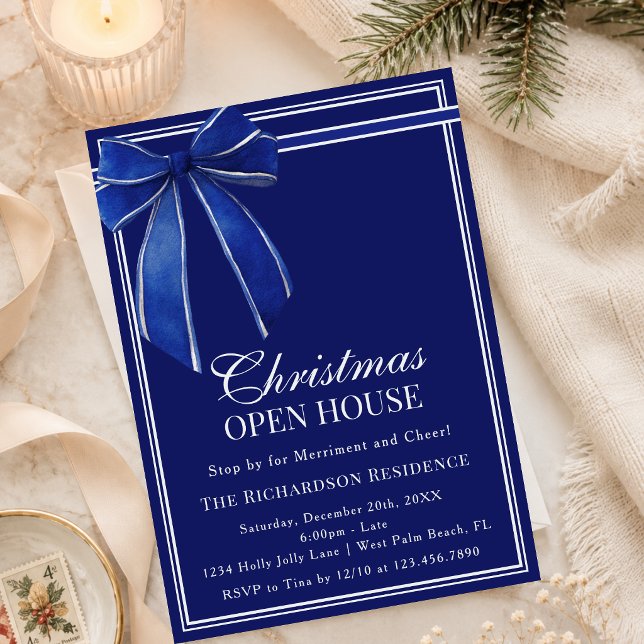 Convite Casa Aberta de Natal com Laço Coquette Azul Marinh (Criador carregado)