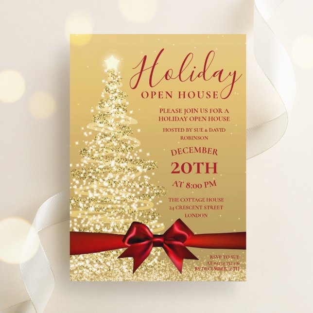 Convite Casa Aberta de Natal da Árvore do Natal Dourada (Gold Xmas Tree Christmas Holiday Open House Invitation)